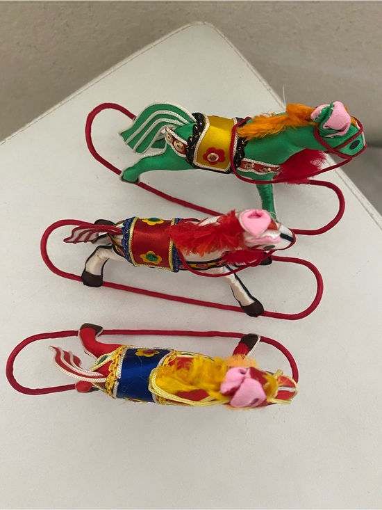 3 Vintage Handcrafted Chinese Satin  Stuffed Rocking Horse Festive Ornaments main image 8